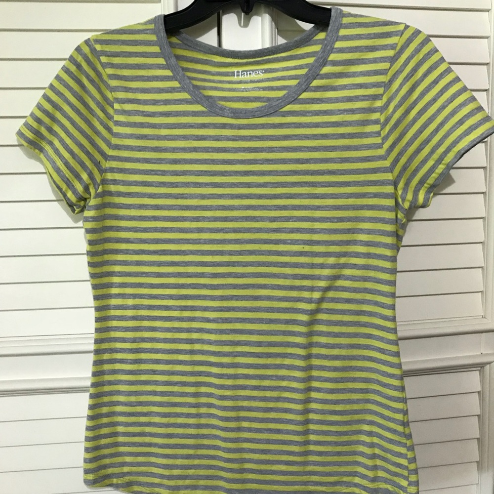 Yellow and Grey Striped Hanes T-shirt